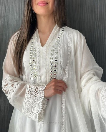 Elegant White Chikankari Embroidered Anarkali Suit Set with Dupatta