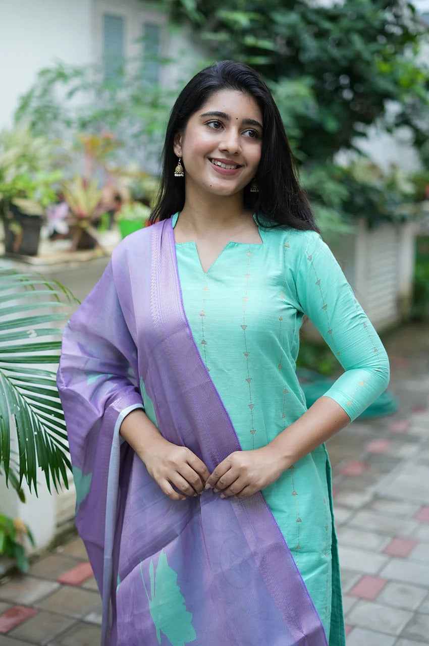 Mint Bloom Kurti Set – Raw Slub Silk Charm