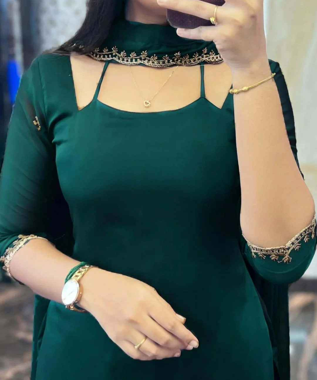 DARK GREEN GEORGETTE STRAIGHT CUT KURTI WITH LINING AND DUPPATTA SET