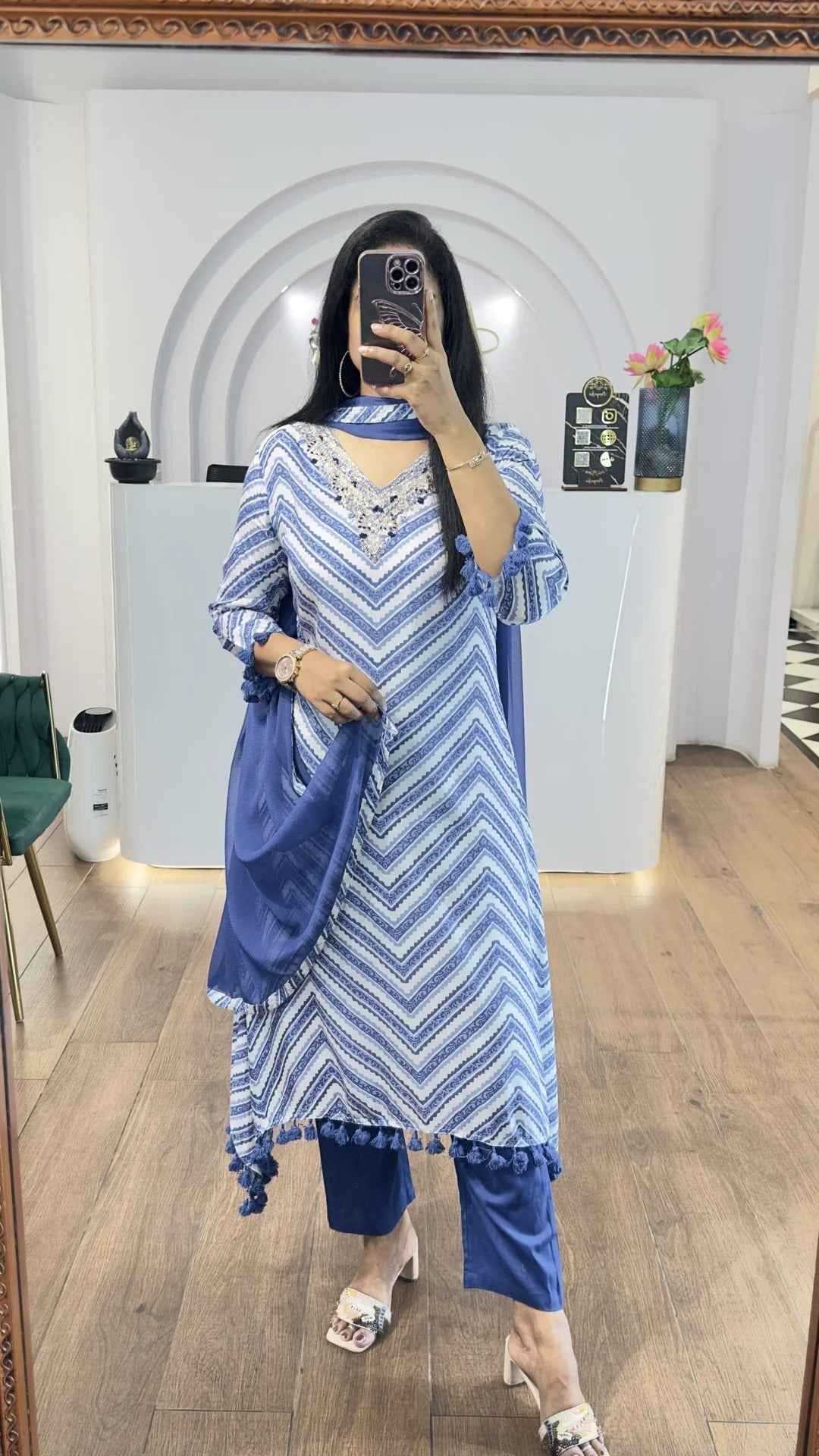 Blue Zig Zag Printed Handwork HighLow Kurti