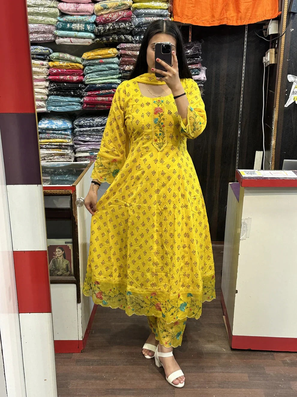 Yellow Embroidered Cotton Kurta Set with Dupatta