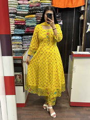 Yellow Printed Pure Cotton Embroided Anarkali Suit