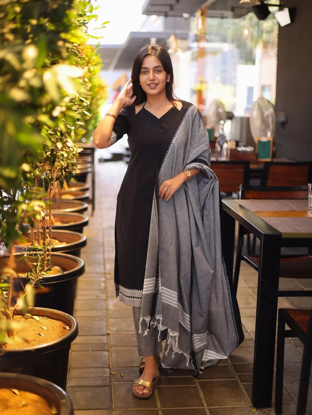 Black Cotton Kurta Set with Grey Dupatta