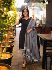 Black Cotton Kurta Set with Grey Dupatta