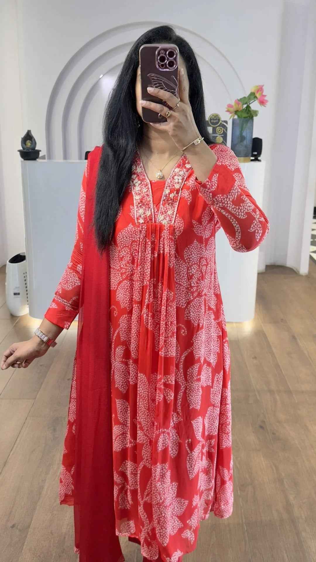 Red Bandhej Chinnon Aline Suit Set