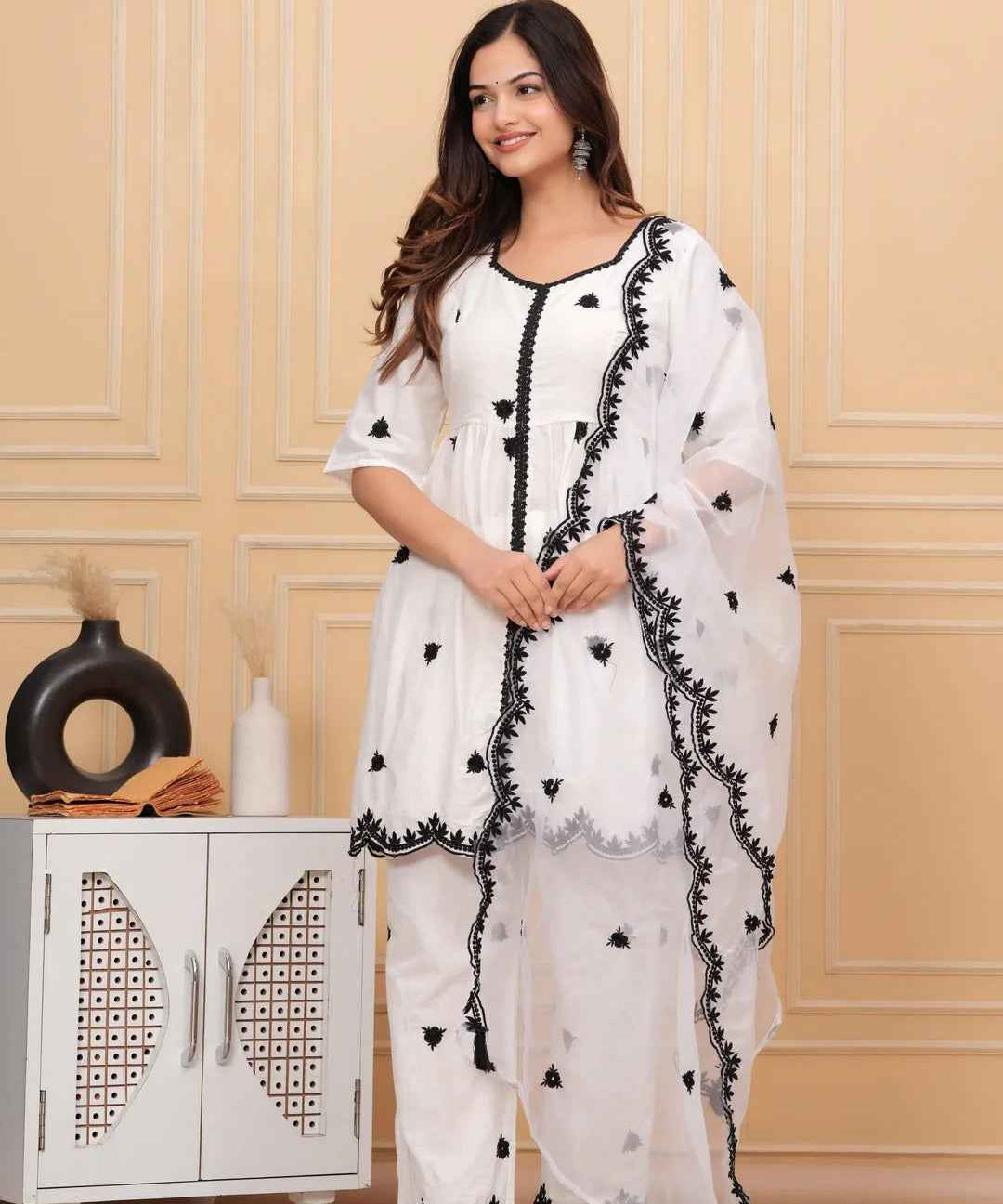 White Embroidered Cotton Suit Set with Embroidered Organza Dupatta