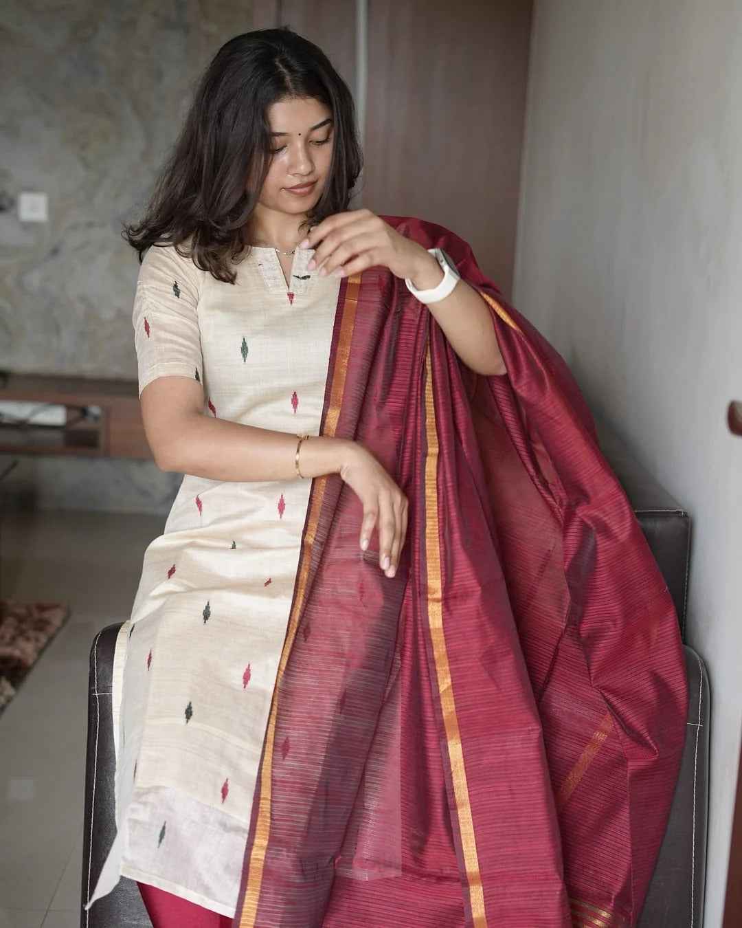 Tussar Silk Kurti With Double Colour Diamond Butta With Dupatta