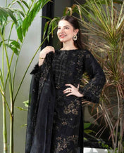 Black Three Piece Stitched Lawn Chikankari Suit