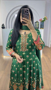 Green Floral Handworked Anarkali With Straight Pants