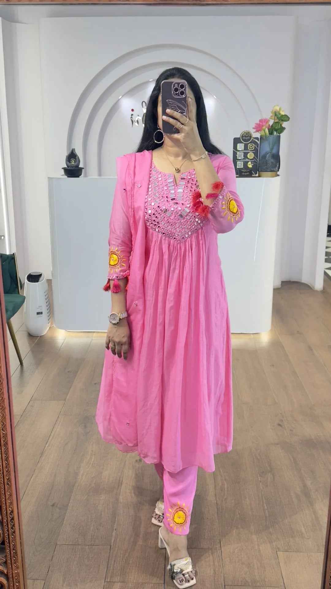 Pink Mul Chanderi Mirrors Handwork Suit Set