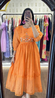 Orange Mulchanderi Handworked Frock