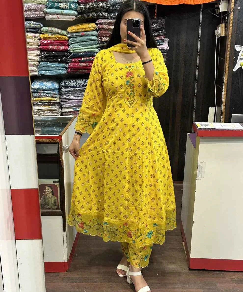 Yellow Printed Pure Cotton Embroided Anarkali Suit