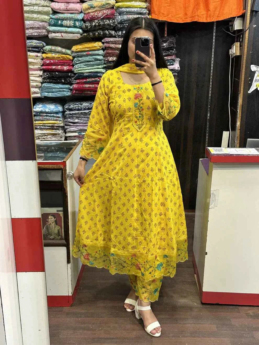 Yellow Printed Pure Cotton Embroided Anarkali Suit