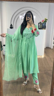 Sea Green Mul Chanderi Mirrors Handwork Suit Set