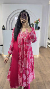 Pink Bandhej Chinnon Aline Suit Set