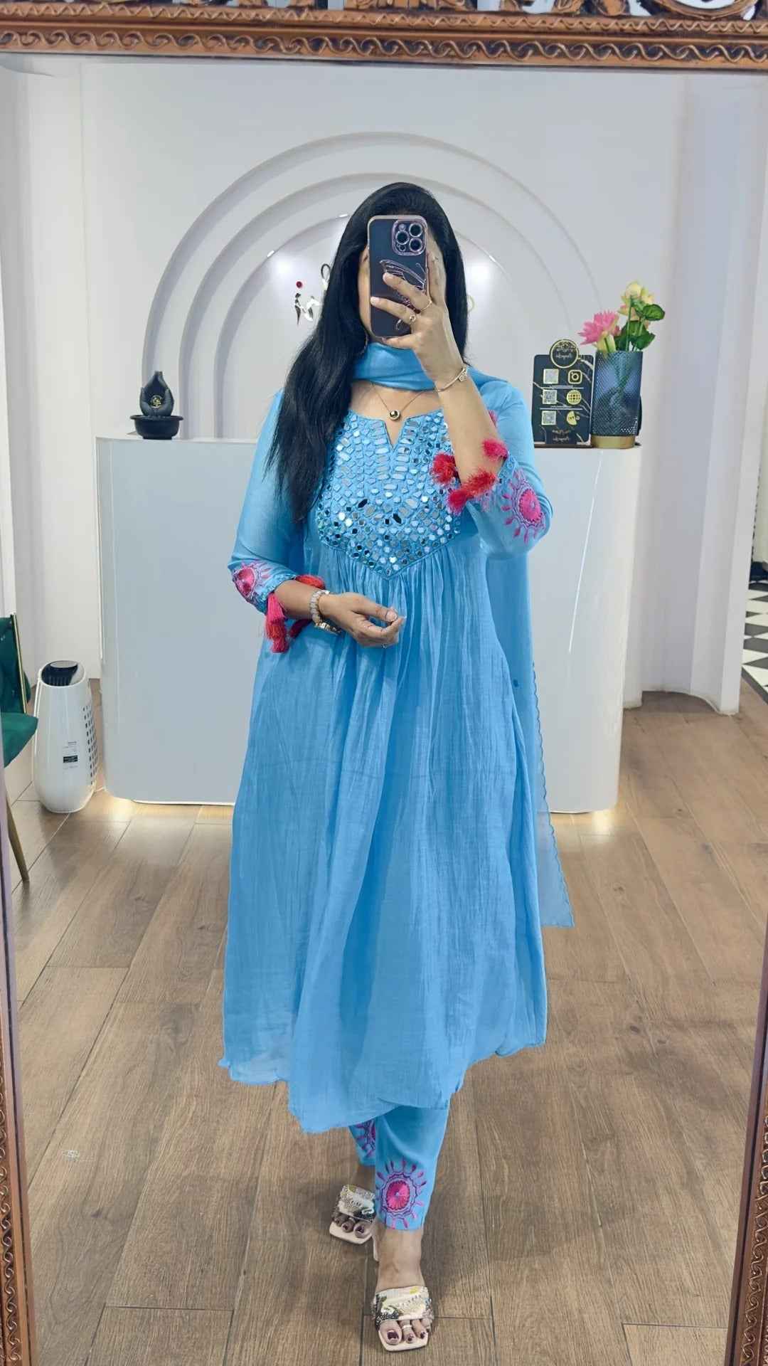 Sky Blue Mul Chanderi Mirrors Handwork Suit Set