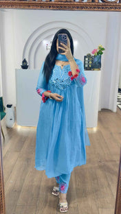 Sky Blue Mul Chanderi Mirrors Handwork Suit Set