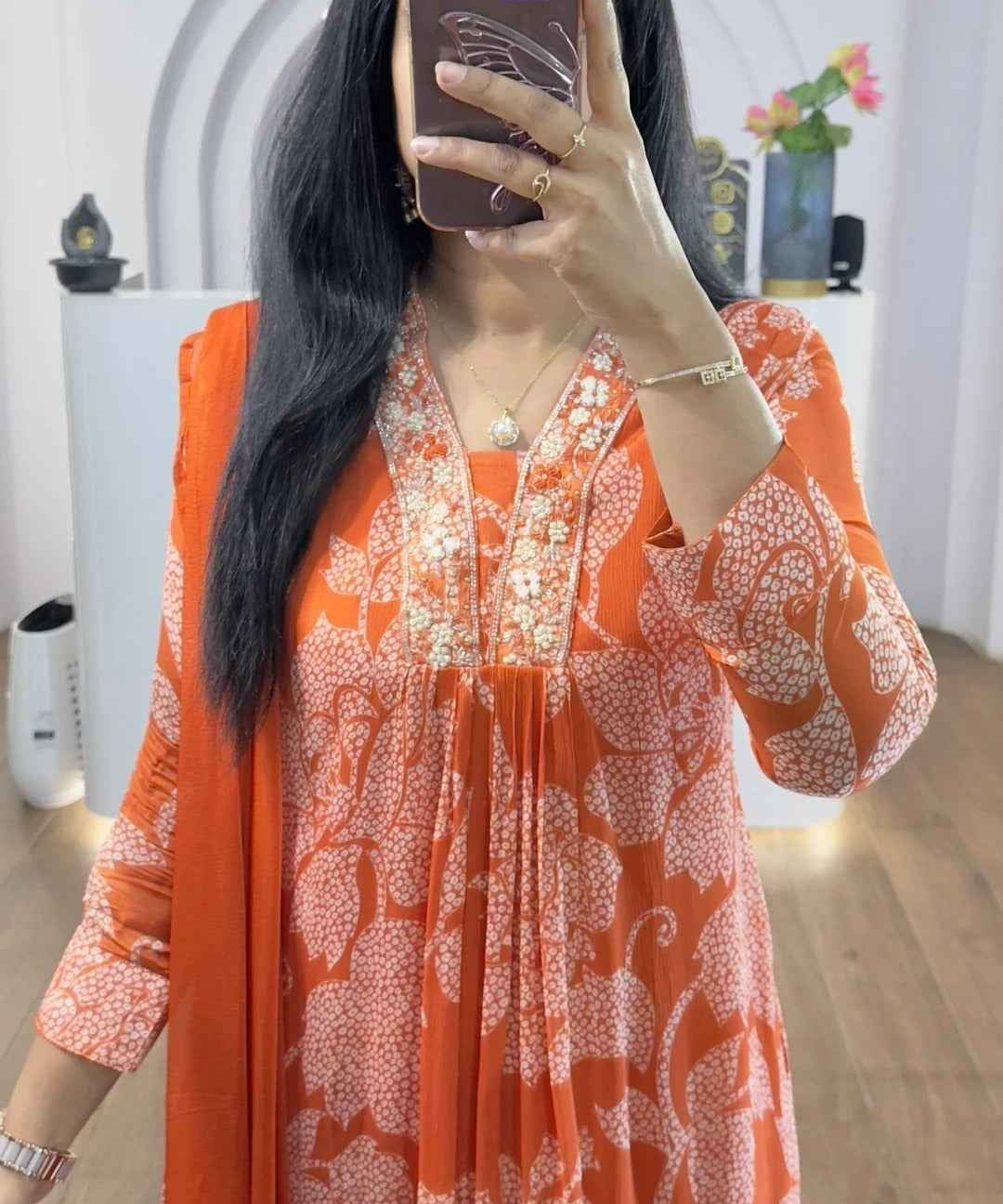 Orange Bandhej Chinnon Aline Suit Set