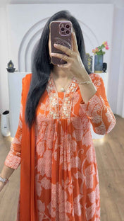 Orange Bandhej Chinnon Aline Suit Set