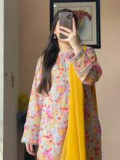 Soft Pastel Multi-Color Floral Printed Kurti Set with Yellow Dupatta