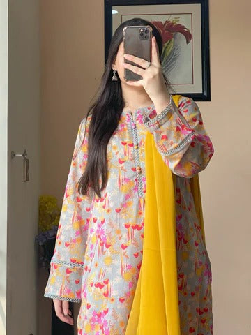 Soft Pastel Multi-Color Floral Printed Kurti Set with Yellow Dupatta