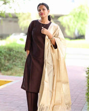 Brown Silk Cotton Co-Ord Set With A Beige Shawl