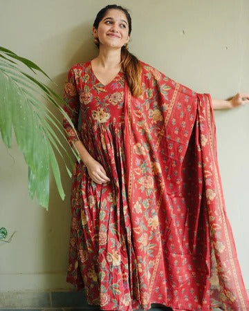 Rust Red Floral Cotton Anarkali Kurta Set with Dupatta