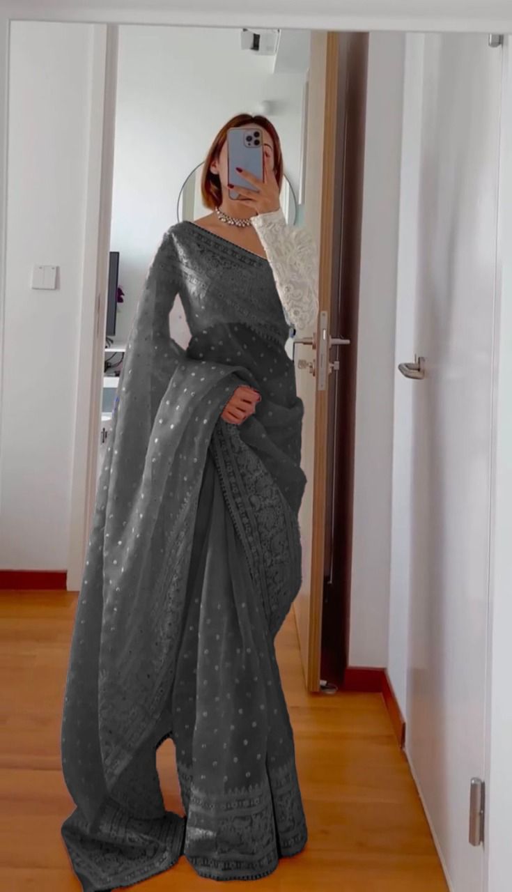 Party Wear Black Color Organza Silk Saree For Girls