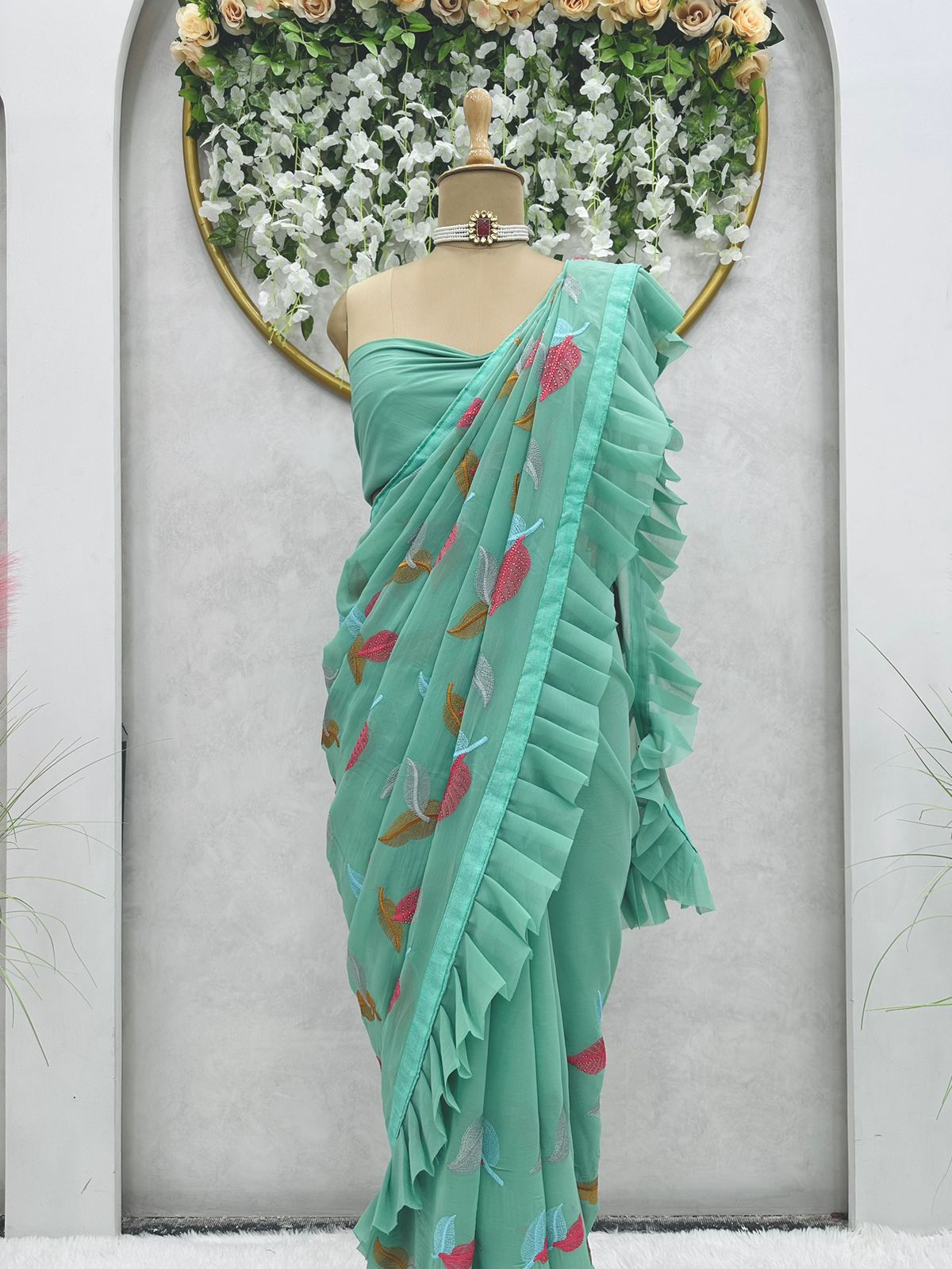 Party Wear Sky Blue Color Faux Georgette Saree For Girls