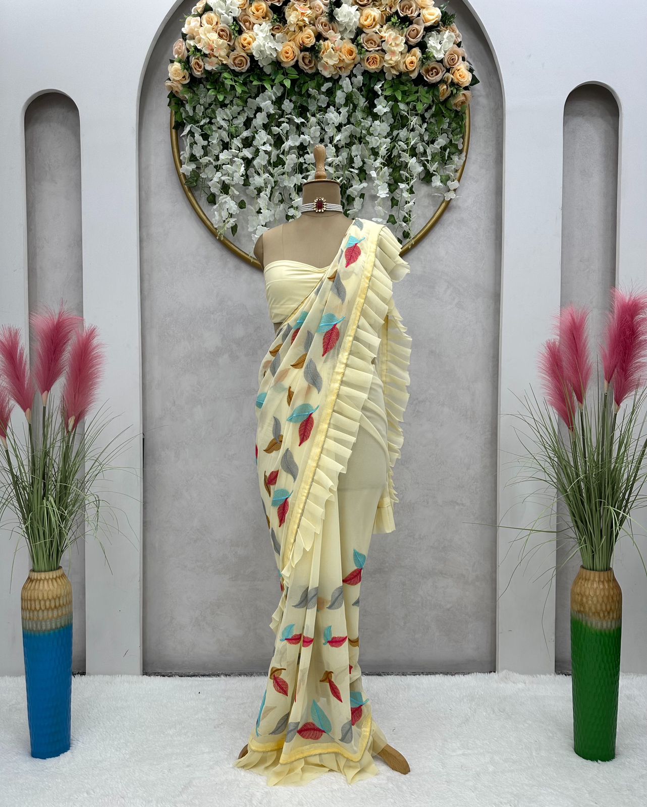 Wedding Wear Lemon Color Faux Georgette Saree For Girls