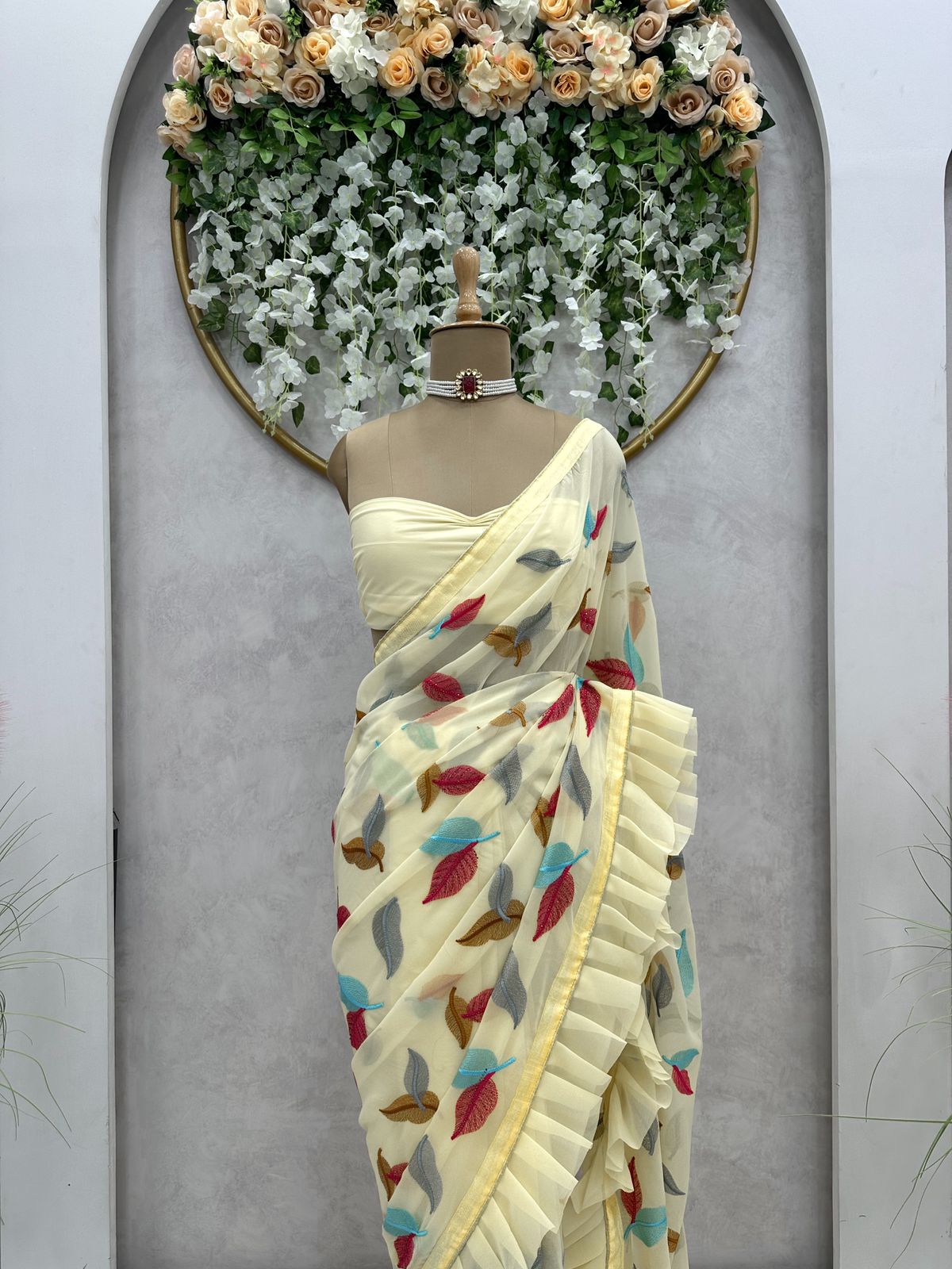 Wedding Wear Lemon Color Faux Georgette Saree For Girls