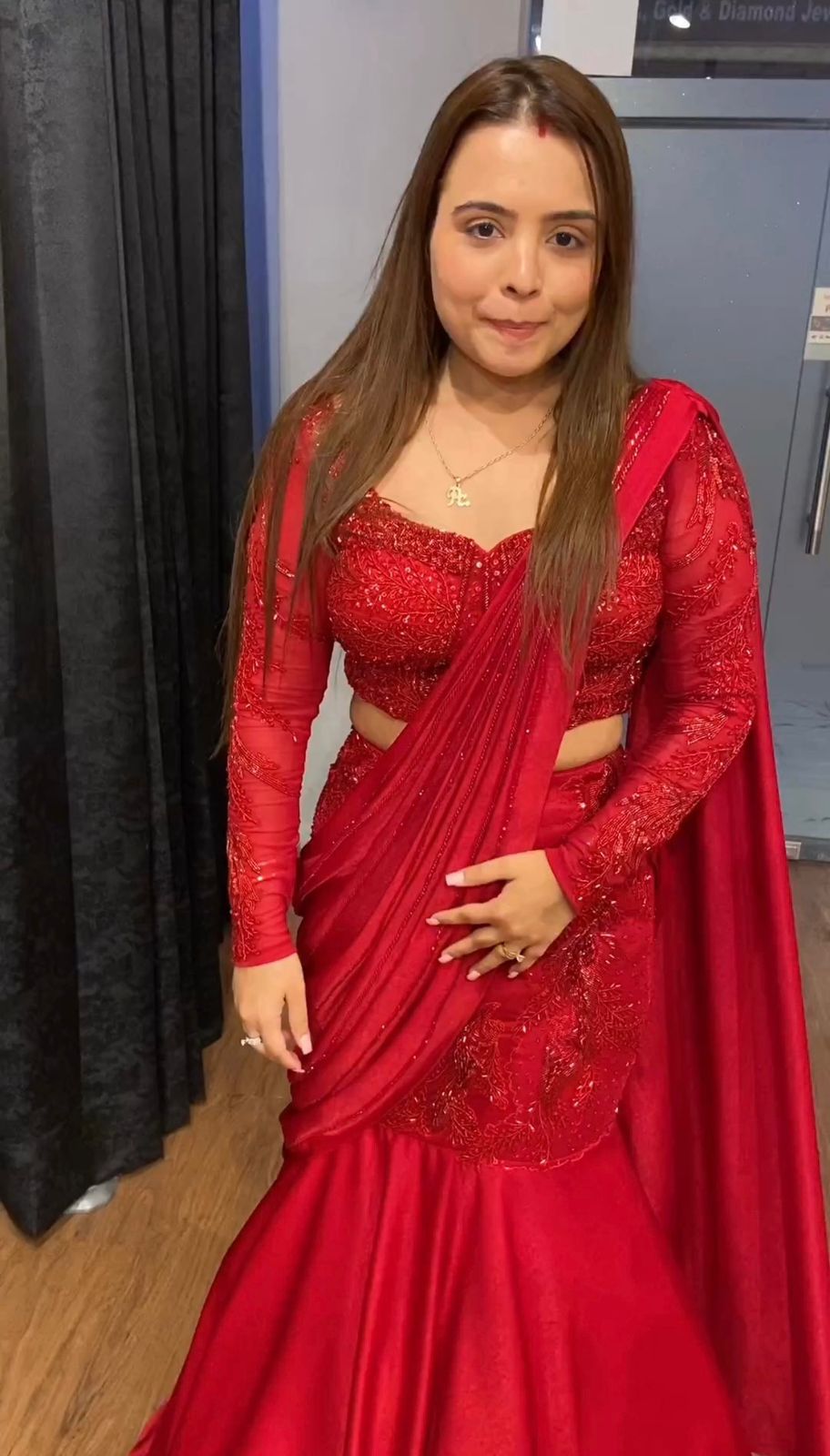 Wedding Wear red Color Satin Silk Saree For Girls