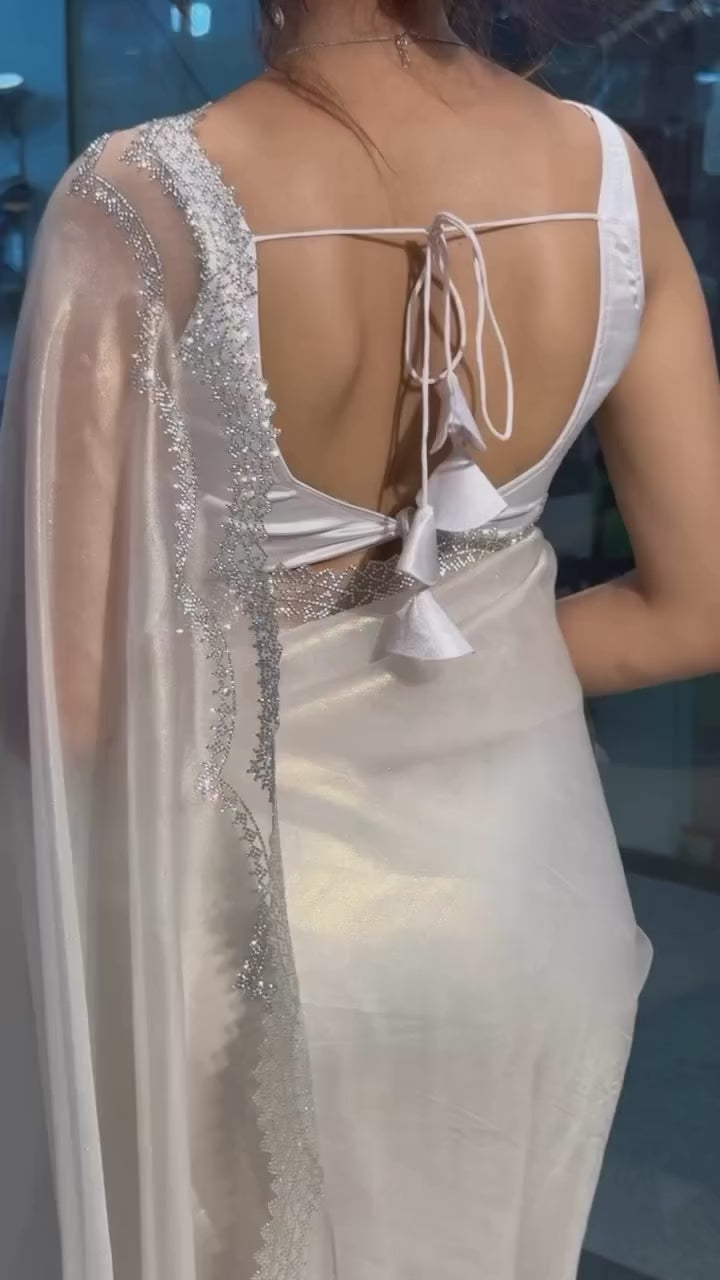 Party Wear White Color Havy Organza Silk Saree For Girls