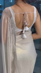Party Wear White Color Havy Organza Silk Saree For Girls