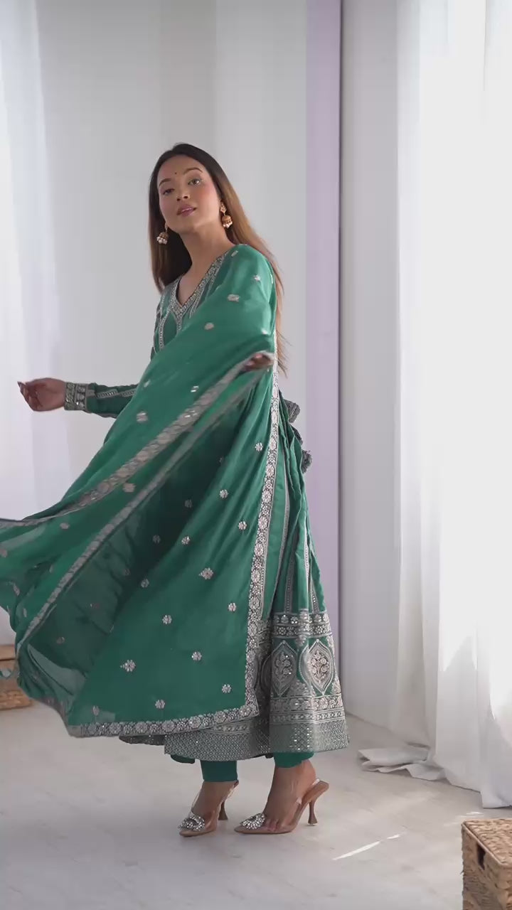 Wedding Wear Green Color Star Georgette Gown For Girls