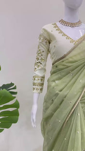 Wedding Wear Light Green Color Havy Twill Net Saree For Women