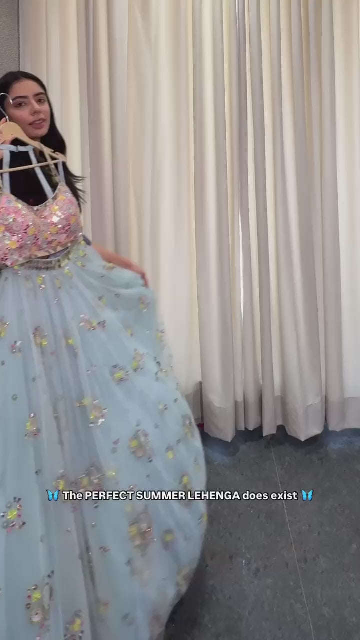 Wedding Wear Sky Blue Color Butterfly Net Lehenga For Girls