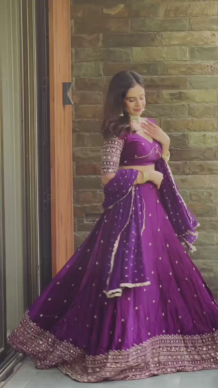 Wedding Wear Purple Color Satin Silk Lehenga For Girls