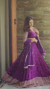 Wedding Wear Purple Color Satin Silk Lehenga For Girls