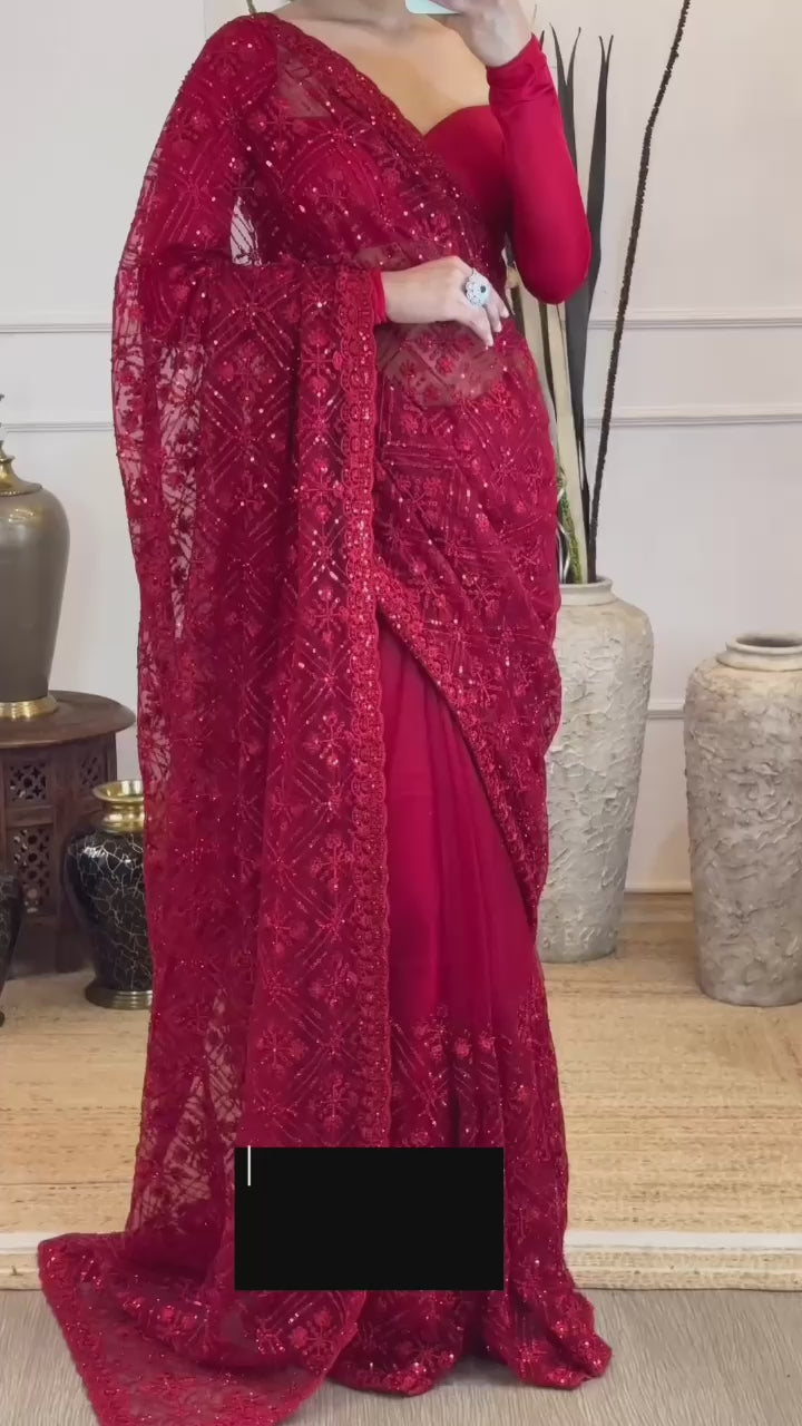 Wedding Wear Red Color Soft Net Saree For Girls