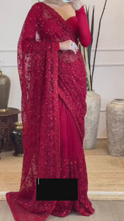 Wedding Wear Red Color Soft Net Saree For Girls