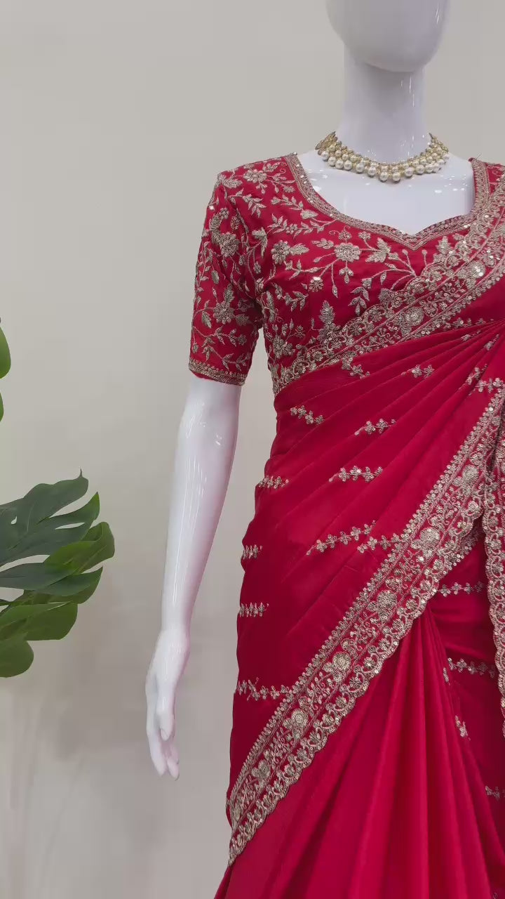 Wedding Wear Red Color Chinon Silk Saree For Women
