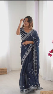 Wedding Wear Blue Color Jimmy Chu Saree For Girls