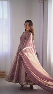 Party Wear Peach Color Fandy Silk Gown For Girls