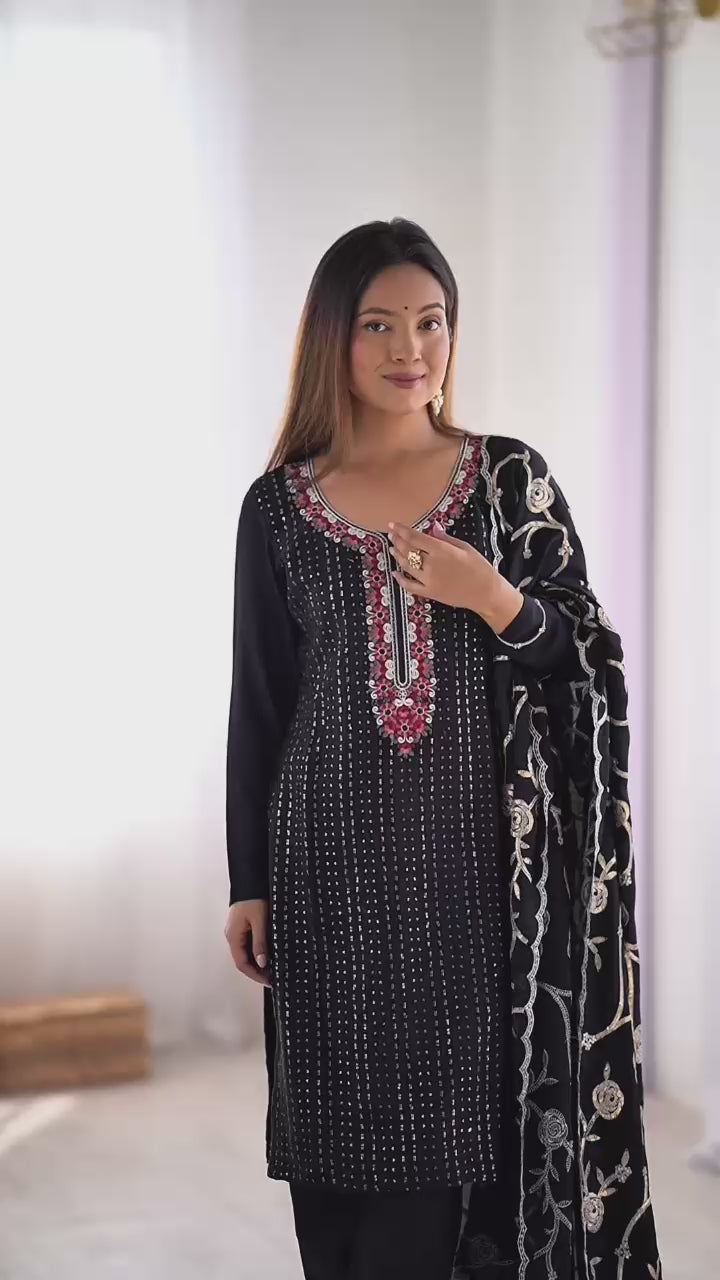 Party Wear Black Color Chinon Silk Kurti For Girls