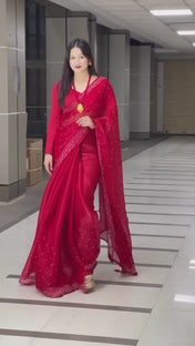 Wedding Wear Red Color Jimmy Choo Saree For Girls