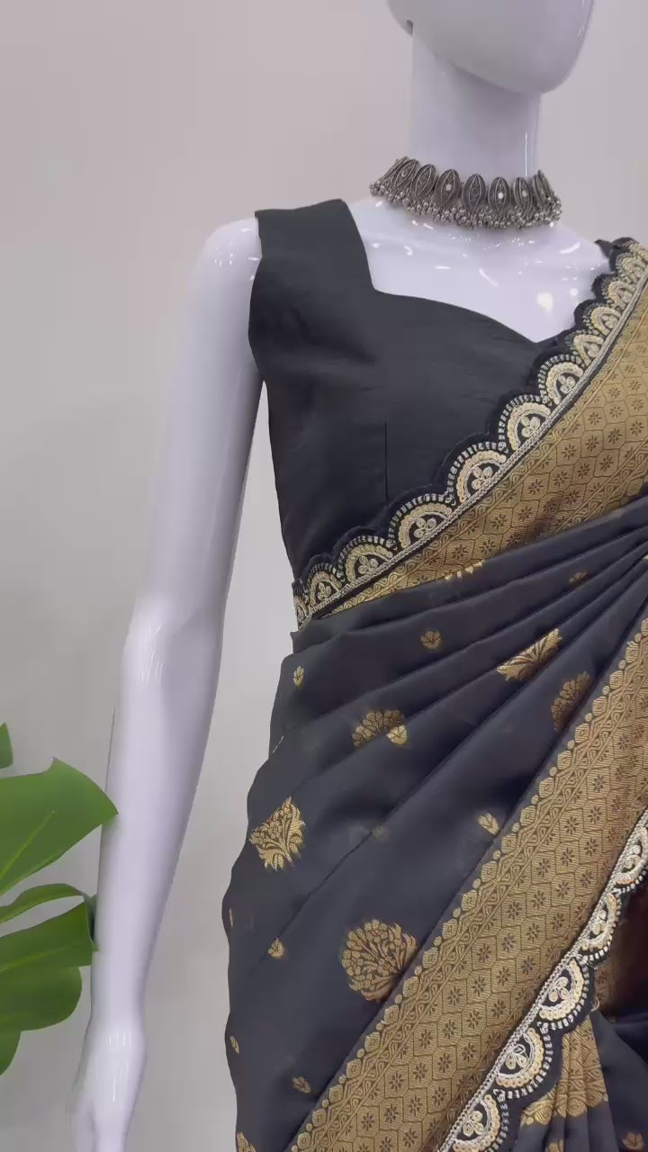 Party Wear Black Color Kota Silk Saree For Women
