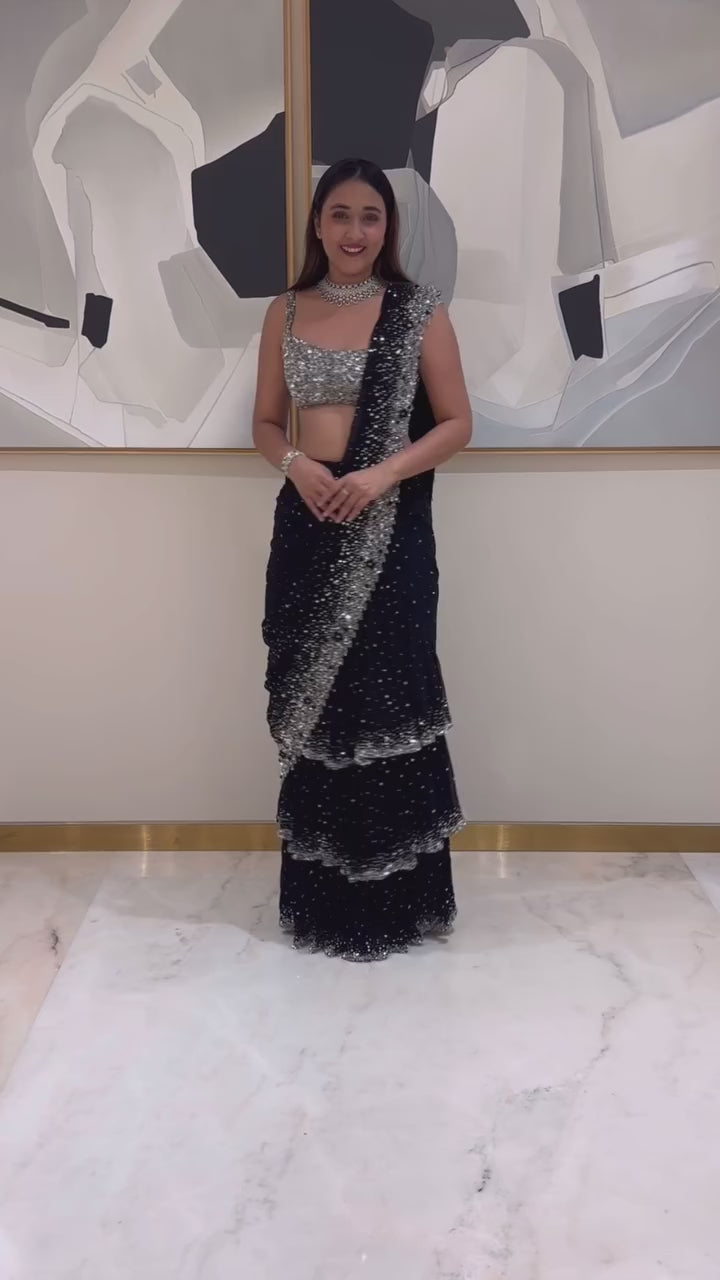 Party Wear Black Color Foux Gorgette Saree For Girls