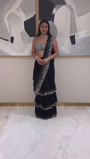 Party Wear Black Color Foux Gorgette Saree For Girls