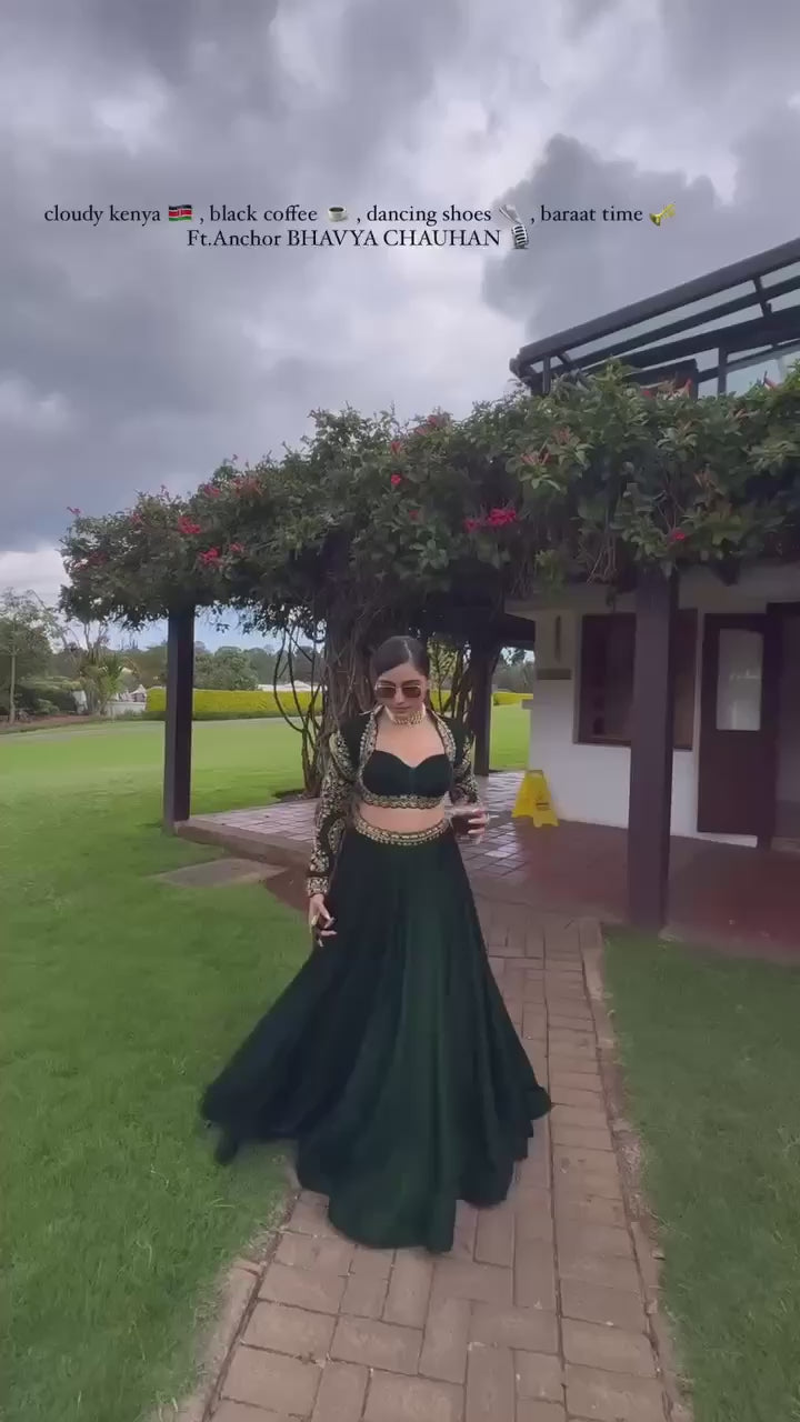 Wedding Wear Green Color Viscos Velvet Lehenga For Girls